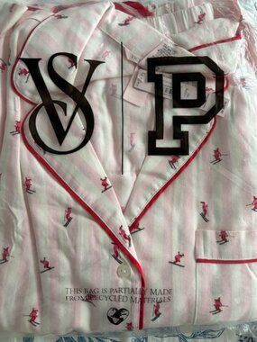 Victoria’s Secret Pink Pajama Set XS NWT Striped Ski Print Button Up Sleepwear